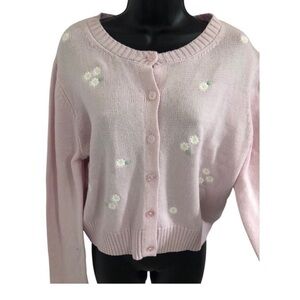 Jessica Simpson pink white daisies embroidered cardigan size medium brand new